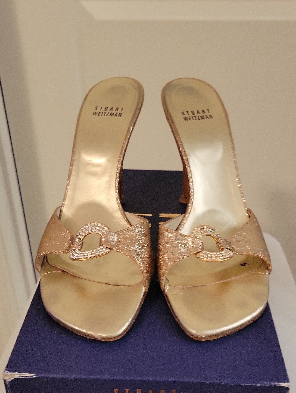 Stuart Weitzman Rose Gold Glitter Slide Mules with Crystal Link